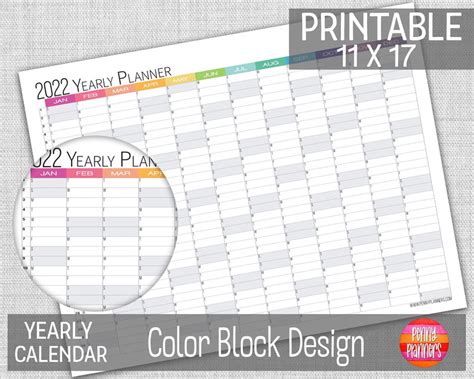 2022 Yearly Calendar 11x17 Printable Color Block Wall Etsy New Zealand