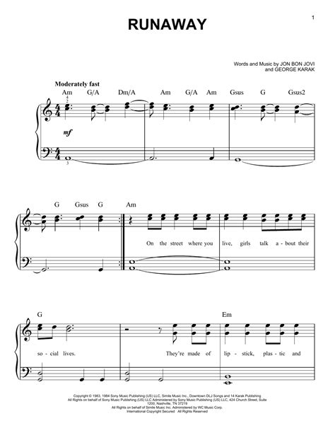 Runaway Sheet Music Bon Jovi Easy Piano