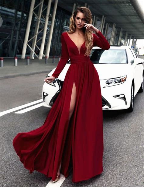 Sexy Red Prom Dress V Neck Long Sleeves Prom Dresses Chiffon Evening