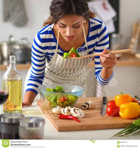Young Woman Preparing Salad In The Kitchen Stock Image Image Of