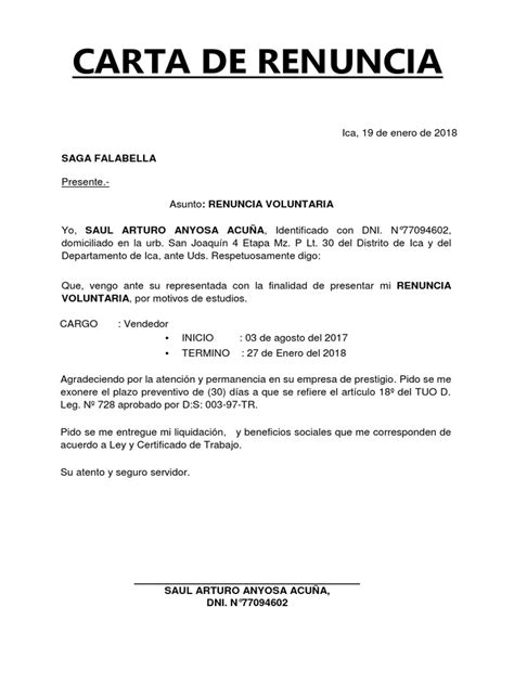 Modelo De Carta De Renuncia Peru Ministerio De Trabaj