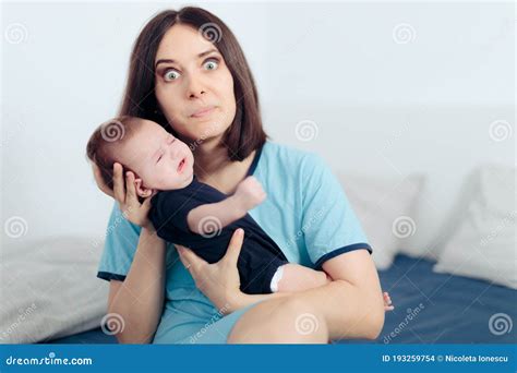 Stressed Mom Holding Crying Baby Feeling Clueless Stock Photo Image