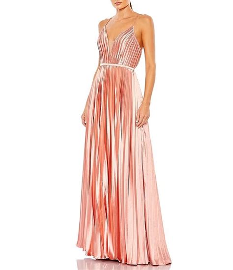 Mac Duggal Pleated Satin Plunge V Neck Sleeveless Open Back Detail A Line Gown Dillards