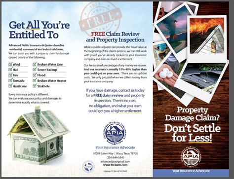 The vehicle insurance attorneys come across several customers daily who lose out on entitled benefits due to the unawareness and tactics employed by claim adjusters. Advanced Public Insurance Adjusters, Brochure & Postcard