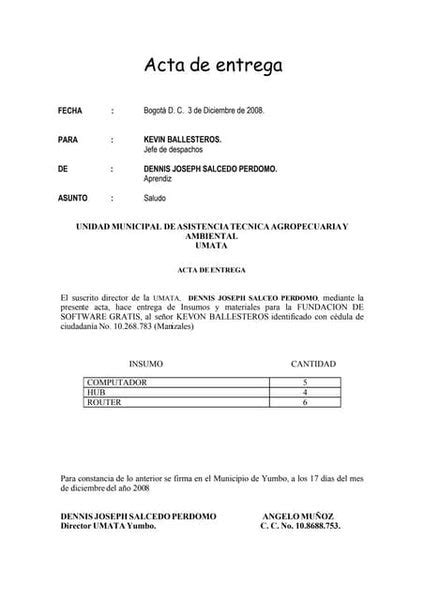 Acta De Entrega De Materiales Pdf