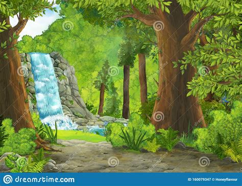 Cartoon Summer Scene With Meadow In The Forest With Waterfall And ...
