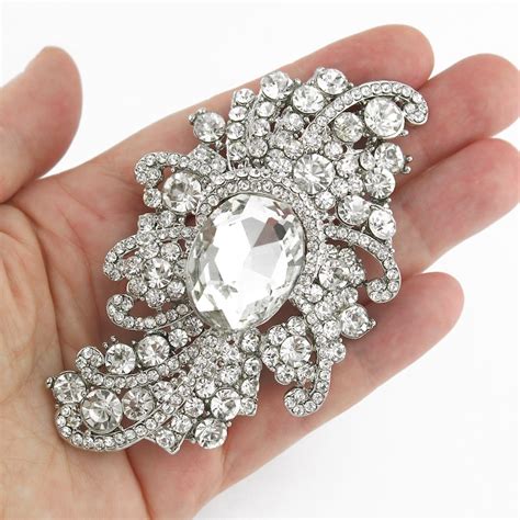 Large Rhinestone Brooch Silver Crystal Brooches Pins Bridal Etsy