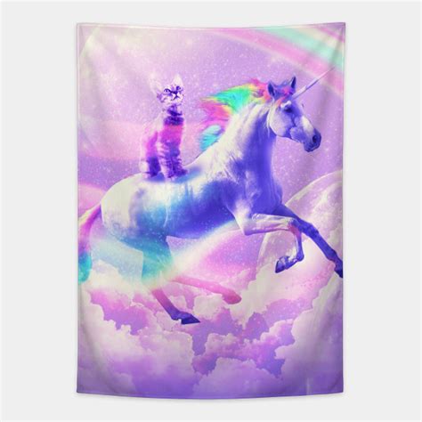 Kitty Cat Riding On Flying Unicorn With Rainbow Unicorn Tapestry