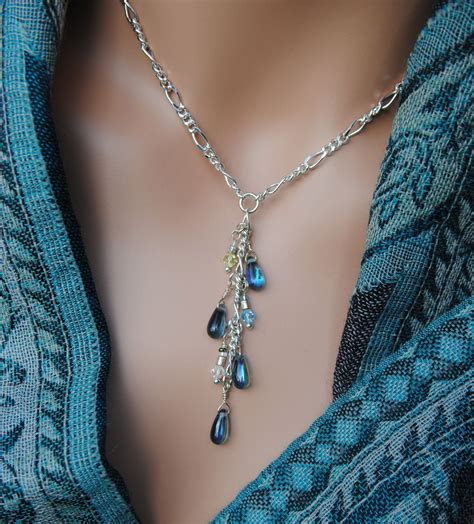 Swarovski Crystal And Glass Teardrop Bead Waterfall Dangle Necklace Wow Via Etsy