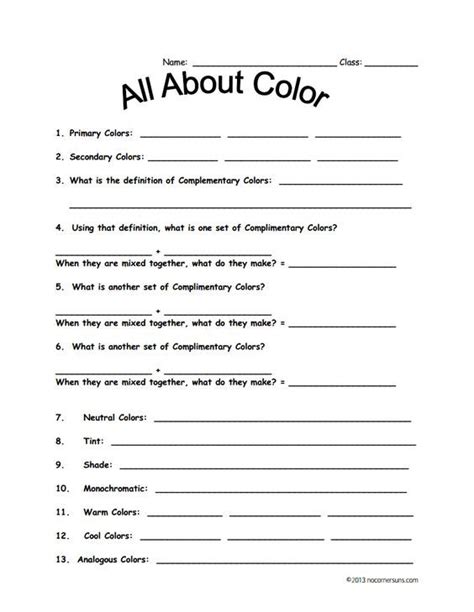 Color Theory Worksheet For Fourth Grade Art Handouts Art Worksheets