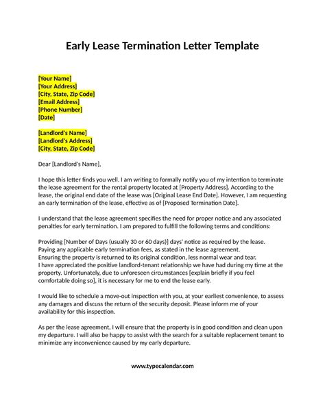 free printable early lease termination letter templates [pdf word]