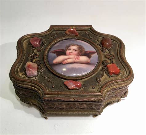 Antique French Metal Jewelry Box With Hand Painted Porcelain Cherub Plaque For Sale At 1stdibs