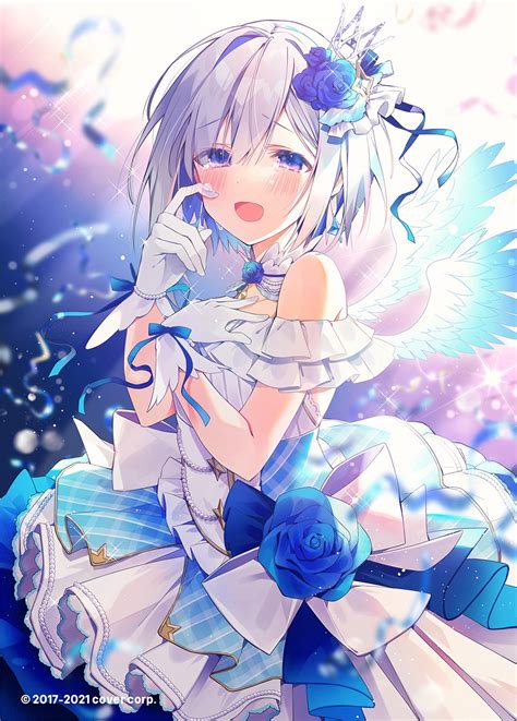 Safebooru 1girl Amane Kanata Angel Wings Bare Shoulders Blue Eyes Blue Flower Blue Hair Blue