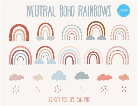 22 Neutral Boho Rainbow Clip Art Rain Clouds Modern Pastel Etsy