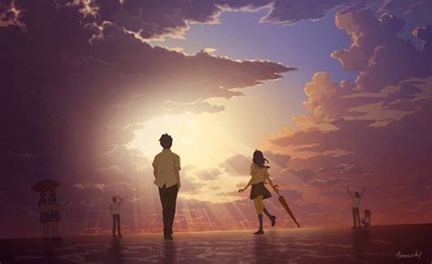 Anime Original Boy Cloud Girl Sky Sunrise Umbrella 720p