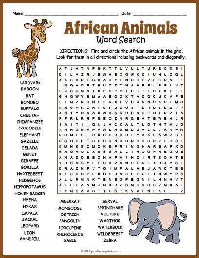 Animal Word Search Free Printable