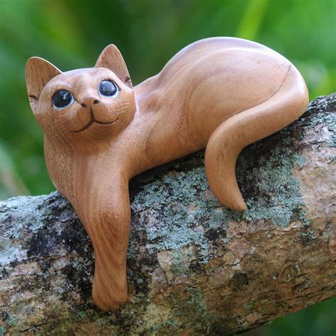 Hand Carved Kitty Cat Sculpture In Medium Wood Finish Watchful Ginger