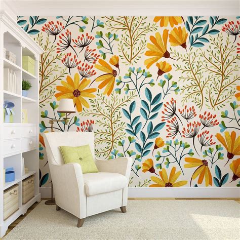 Bright Flowers Wallpaper Self Adhesive Peel And Stick Etsy Murales