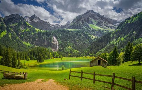 Wallpaper Forest Mountains Lake The Fence Switzerland The Barn