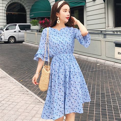 2018 Summer Chiffon Dress Women Korean Style Flare Sleeve Long Dresses Casual Plus Size Floral