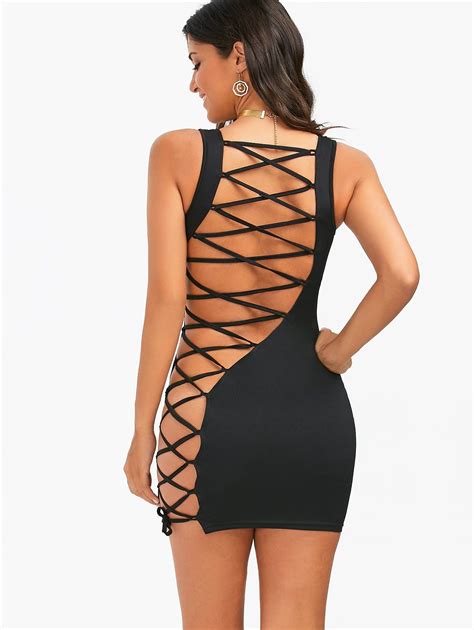 Lace Up Open Back Bodycon Tank Dress Black S In Bodycon Dresses