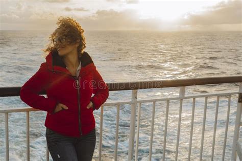 Cruise Ship Vacation Woman Enjoying Sunset On Travel At Sea Traveler
