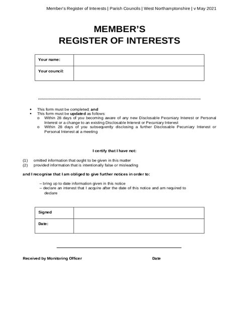 Town And Parish Councillors Declaration Of Interests Doc Template