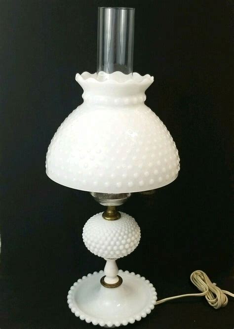 Vintage Hobnail Milk Glass Hurricane Table Lamp With Chimney Lampshade