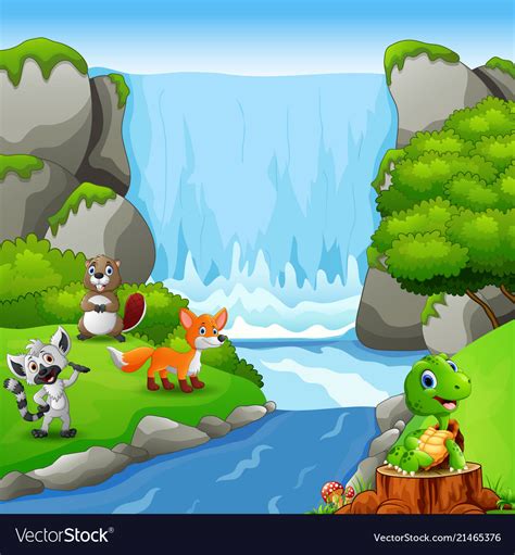 Cute Animals With Waterfall Landscape Background Vector Image