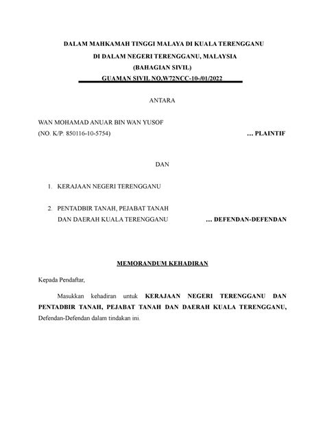 Memorandum Kehadiran Dalam Mahkamah Tinggi Malaya Di Kuala