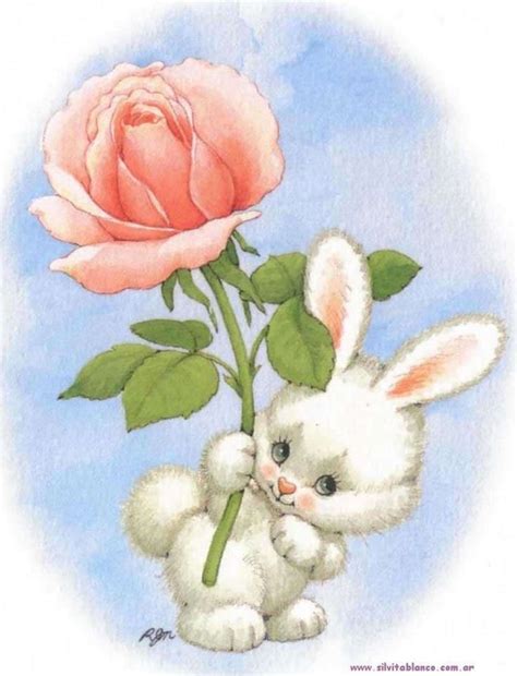 A Painting Of A White Bunny Holding A Pink Rose
