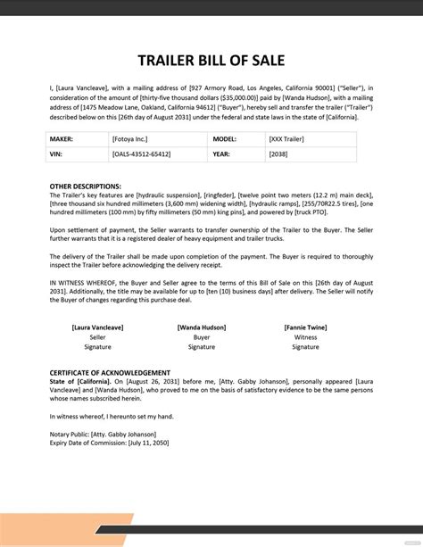 Trailer Bill Of Sale Templates Format Free Download