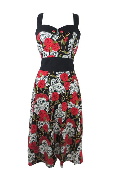 50s Retro Rockabilly Love Black Skulls And Red Roses Print Party Dress