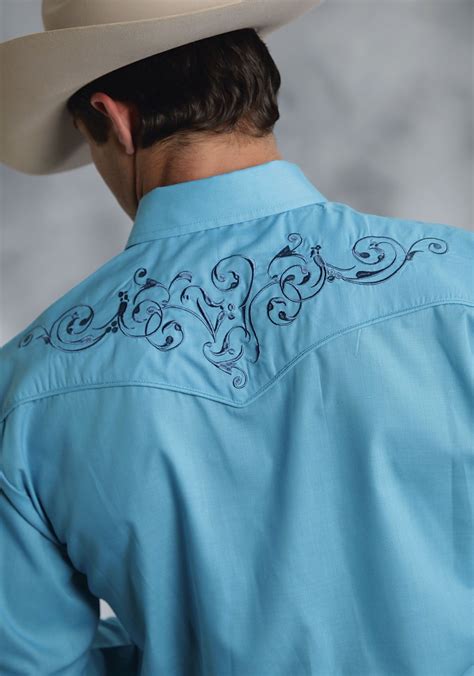 Roper® Mens Turquoise Embroidered Long Sleeve Pearl Snap Western Shirt