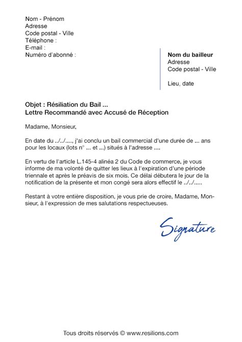 Lettre de résiliation Bail Commercial  Modèle gratuit PDF et Word