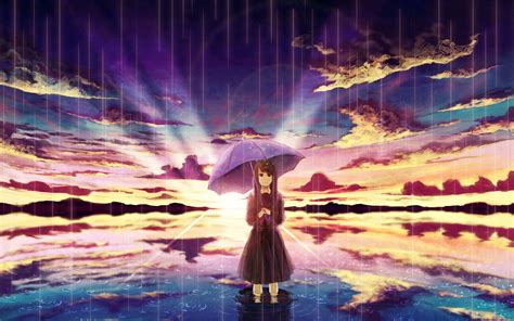 Anime Girl In Rain Umbrella Water Clouds Sunset Wallpaper Anime
