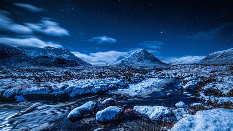Blaue Winterlandschaft Schnee Berge Sterne Strom Nacht 1920x1080