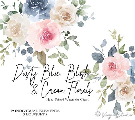 Watercolor Flowers Clipart Dusty Blue Pink Blush Dusty Rose Etsy Uk