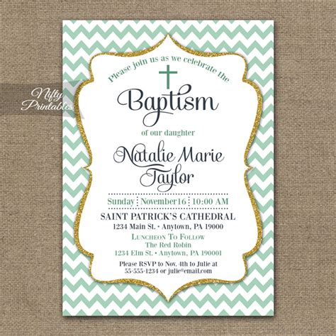 The front of the invitation simply says, baby baptism. Mint Chevron Baptism Invitations - Green Gold Glitter ...