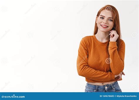 Enthusiastic Curious Sassy Flirty Redhead Woman Wear Makeup Cropped Top Touch Hair Silly Smiling