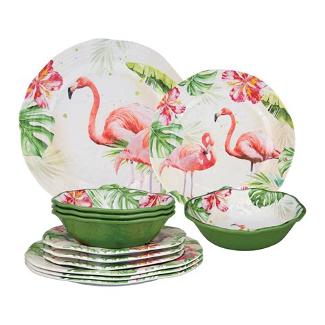 Gourmet Art 12 Piece Flamingo Heavyweight And Durable Melamine Dinnerware Set Service For 4
