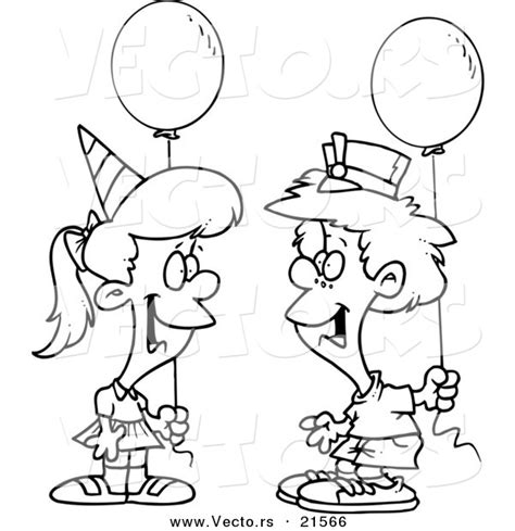 Vector Of A Cartoon Birthday Boy And Girl With Balloons Outlined