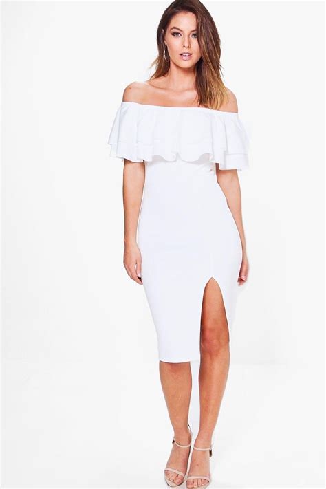 Leia Off Shoulder Double Frill Midi Bodycon Dress Fancy Outfits Midi