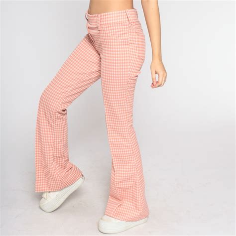 Gingham Bellbottoms 70s Bell Bottom Pants Pink Checkered Trousers Retro