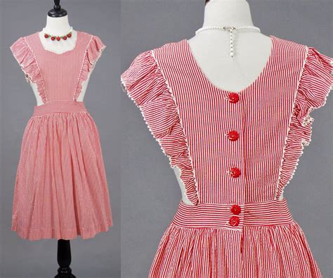 1940s Dress Vintage 40s Red Striped Seersucker Pinafore Dress 1940s