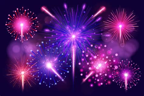 Colorful Fireworks Set Bright Festive Realistic Vector Fireworks