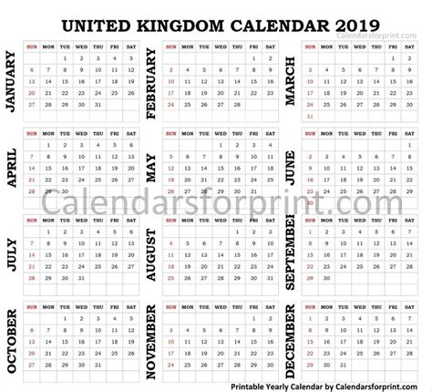 Calendar 2019 Uk Calendar Weekly Calendar Print