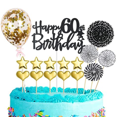 Buy 16pcs Happy 60th Birthday Cake Topper Black Gold For Menandwomen