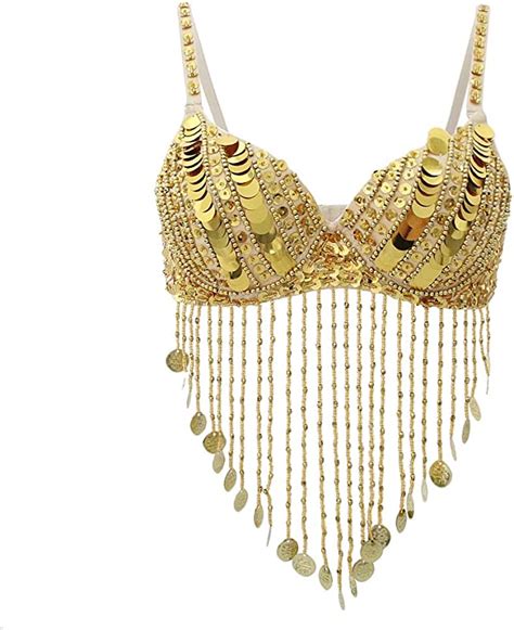 Belly Dance Sequins Beaded Bra Top Latin Samba Dancing Costumes Bikini Gold As Described