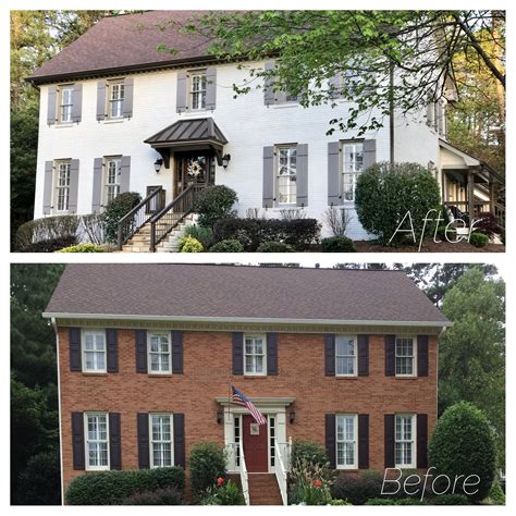 Limewashing the brick will last longer than a latex paint application. brown roof, painted brick before and after | Brick exterior house, Colonial house exteriors ...